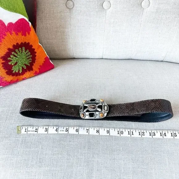 Vintage Fahrenheit Brown Black Leather Belt Large Jewel Buckle Rich Auntie M - Picture 11 of 11